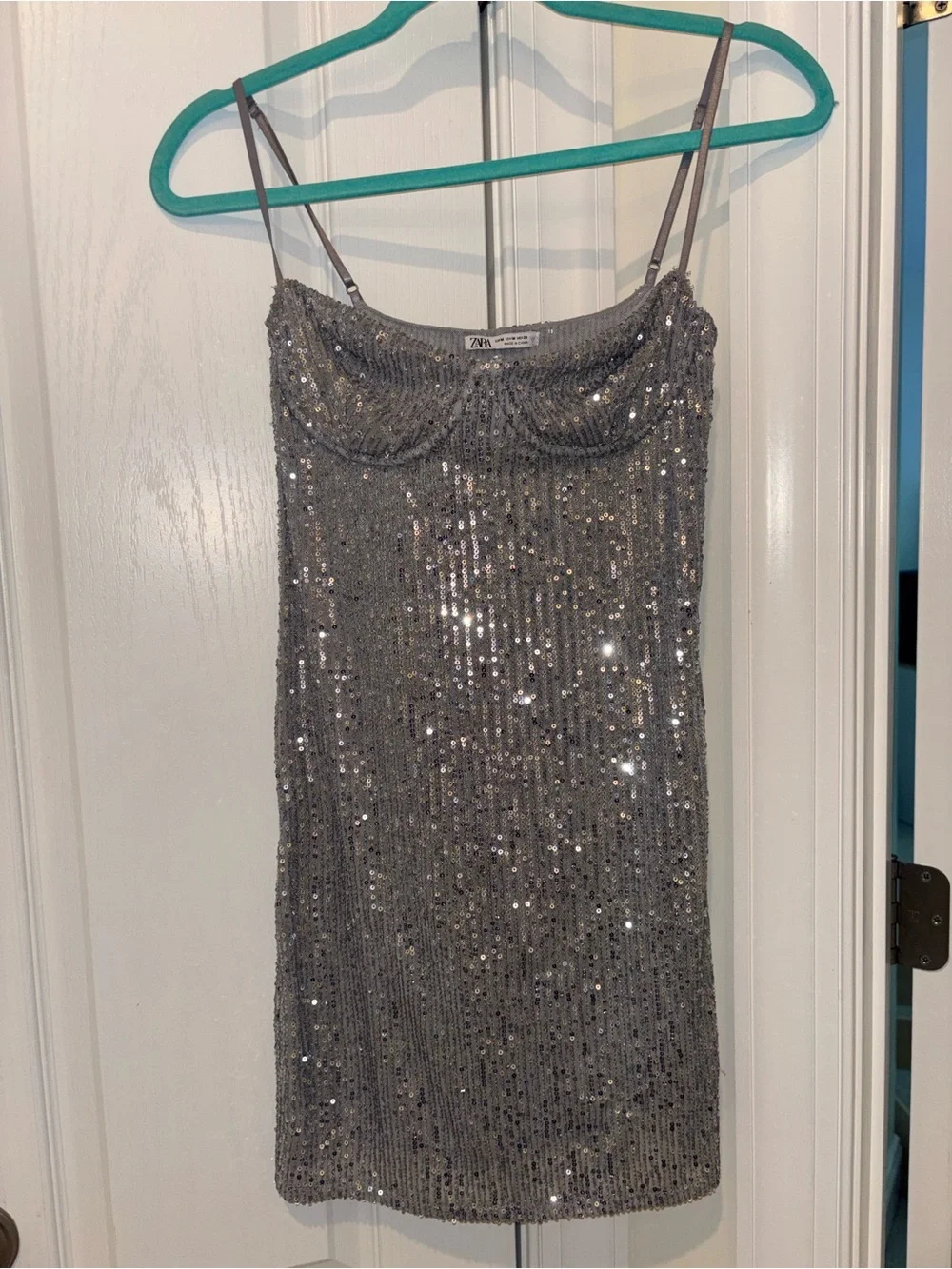 zara silver sequin mini dress Zara Sequin Pearl Knit Mini Dress